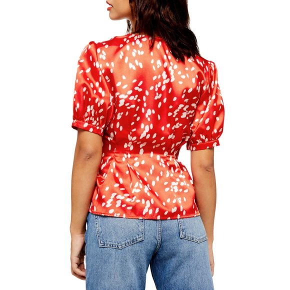 2 Piece Set TopShop Dalmatian Spot Pleated V-Neck Puff Sleeve Blouse Mini Skirt - Picture 3 of 13